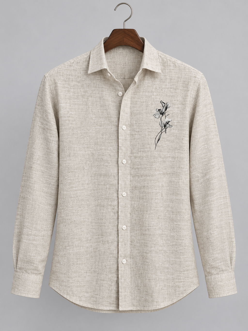 Oatmeal Pure Linen with Minimalist Floral Sketch Shirt