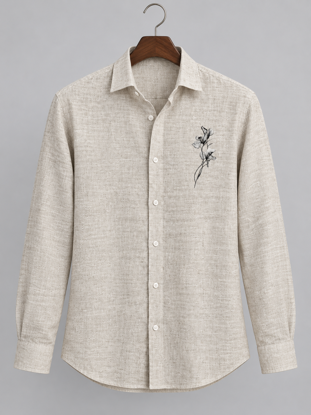 Oatmeal Pure Linen with Minimalist Floral Sketch Shirt