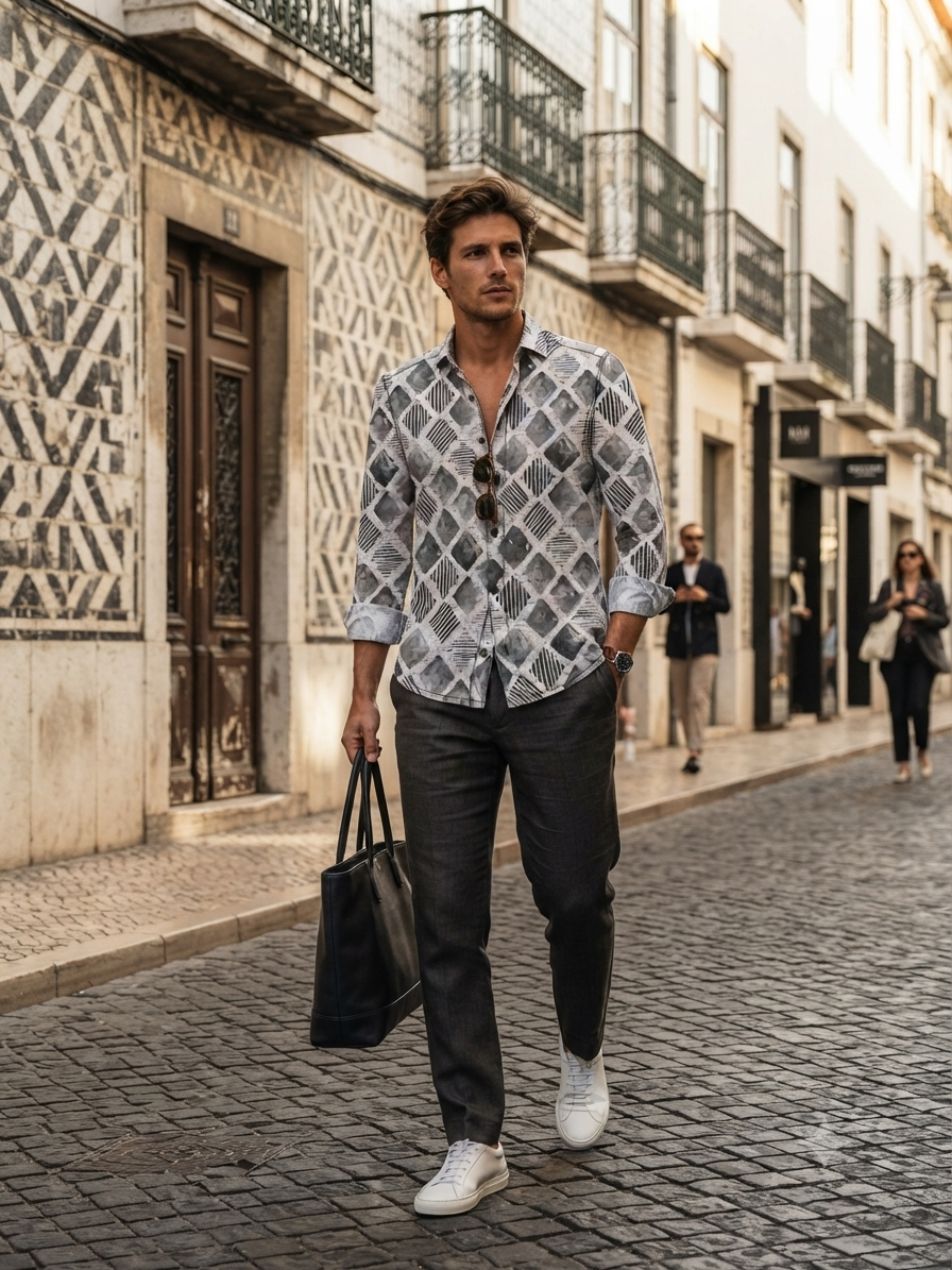 Grey Watercolor Geo-Print Shirt