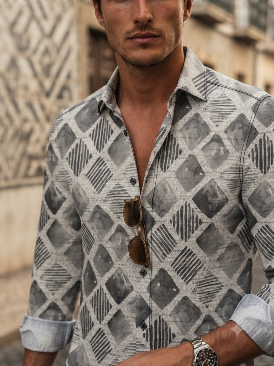 Grey Watercolor Geo-Print Shirt