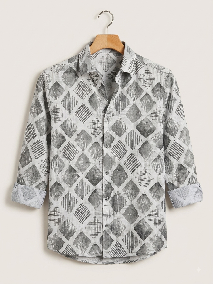 Grey Watercolor Geo-Print Shirt