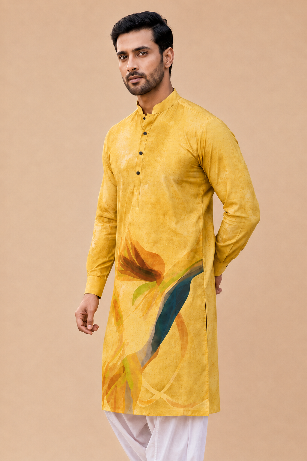 Ochre Watercolor Print Linen Kurta