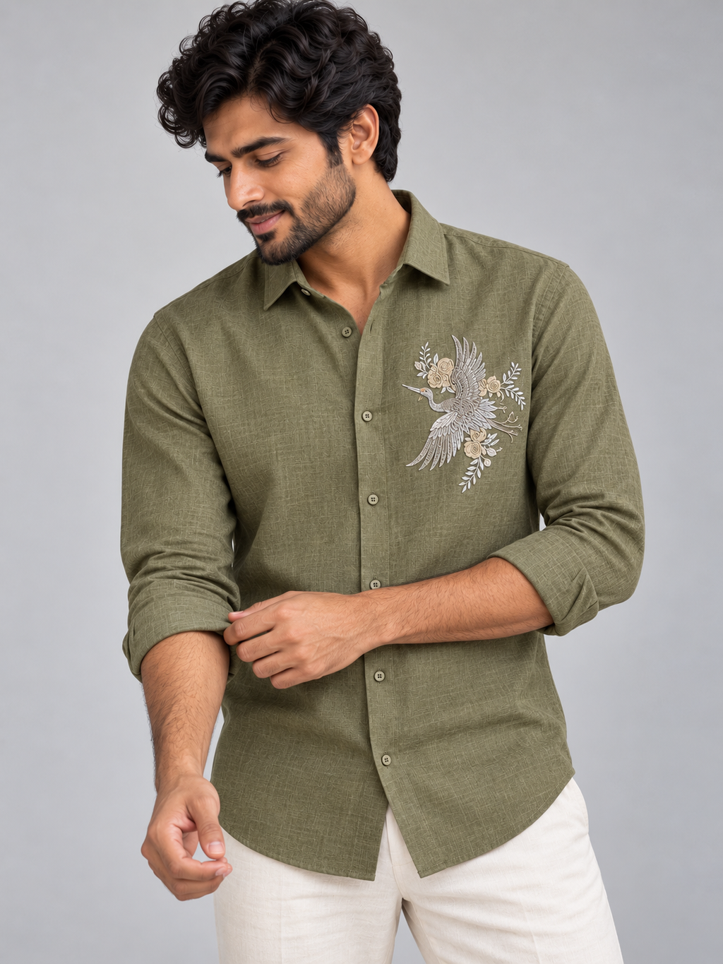 Origami Crane Fine Linen in Earthy Olive Shirt