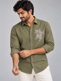 Origami Crane Fine Linen in Earthy Olive Shirt