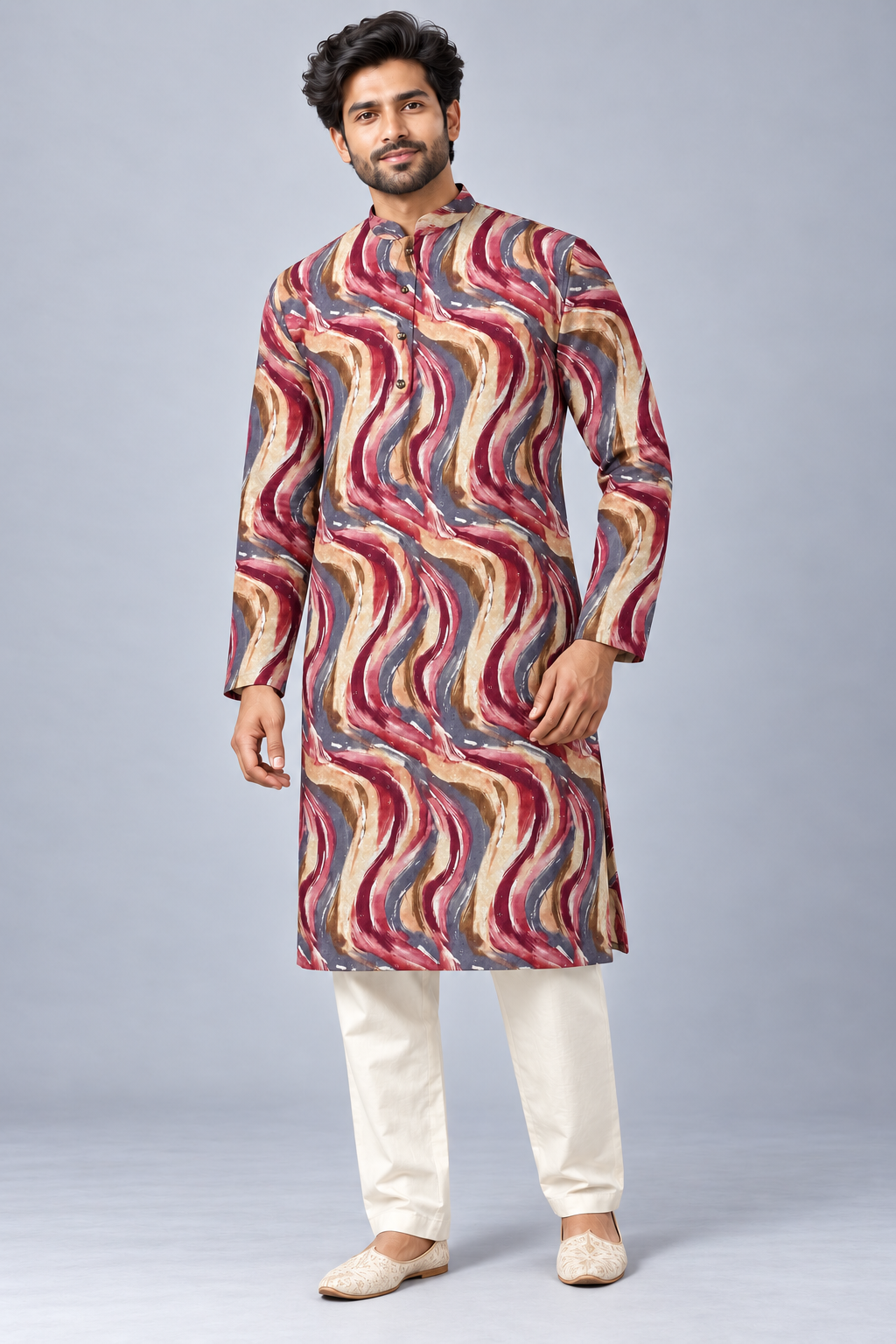Men's Burgundy & Earthy Ripple Print Sequin Kurta
