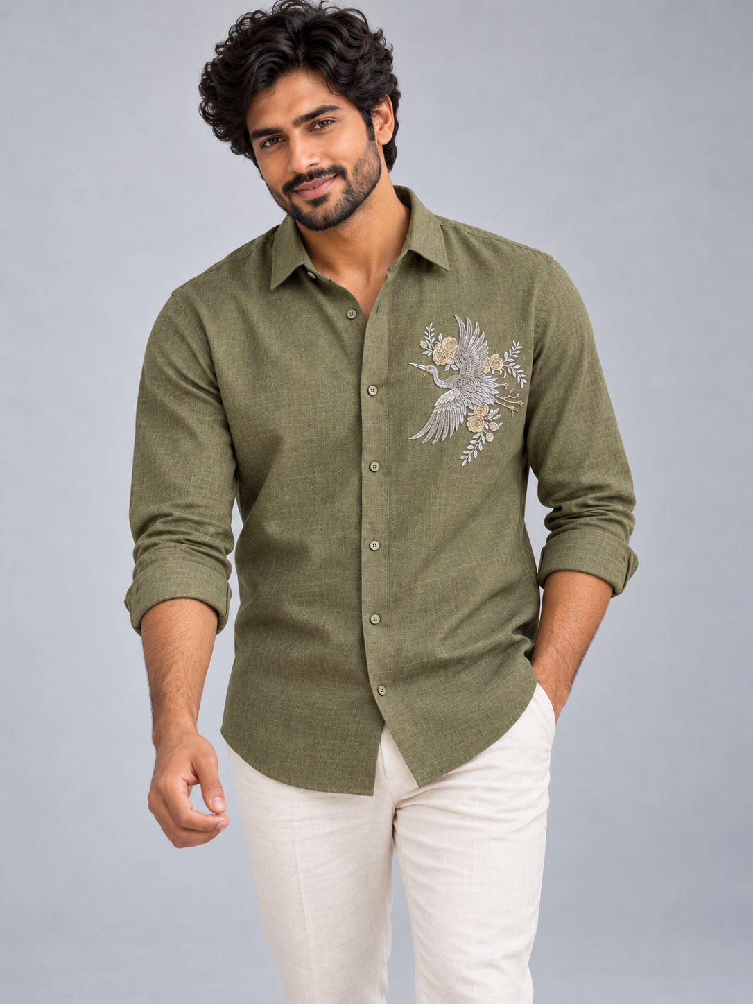 Origami Crane Fine Linen in Earthy Olive Shirt