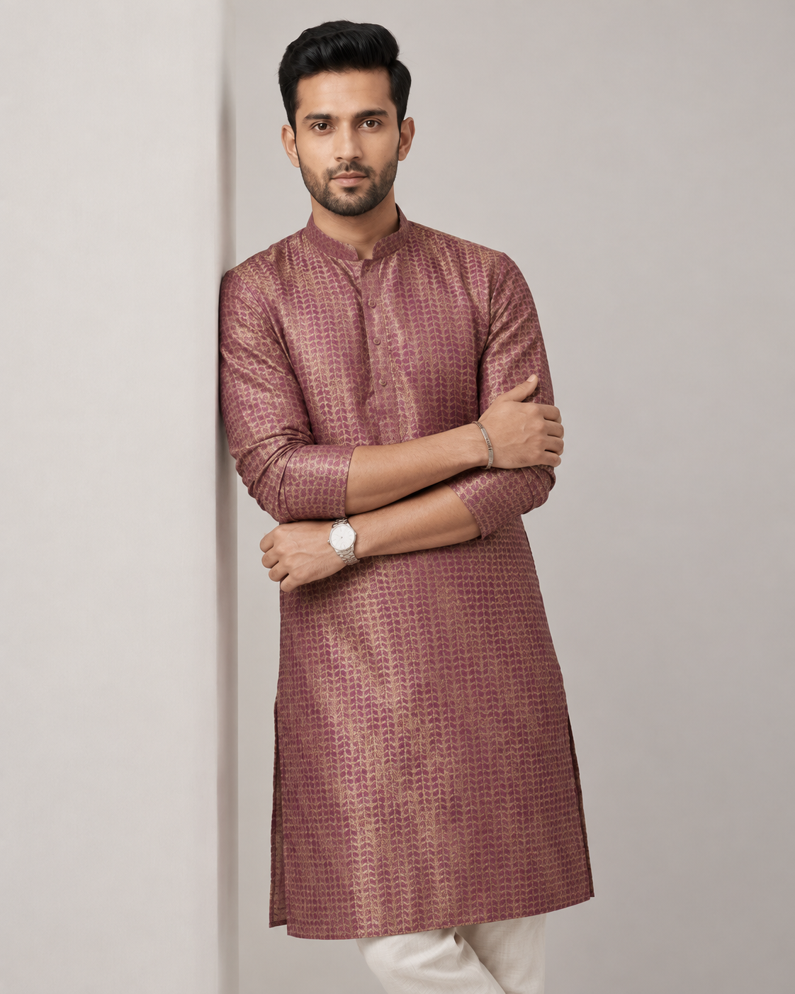 Dusty Mauve Jacquard Woven Silk Kurta