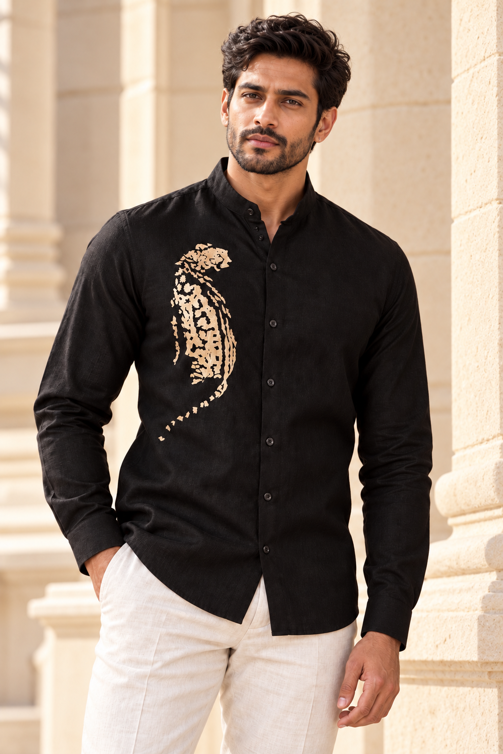 Gold Panther Embroidered Black Shirt