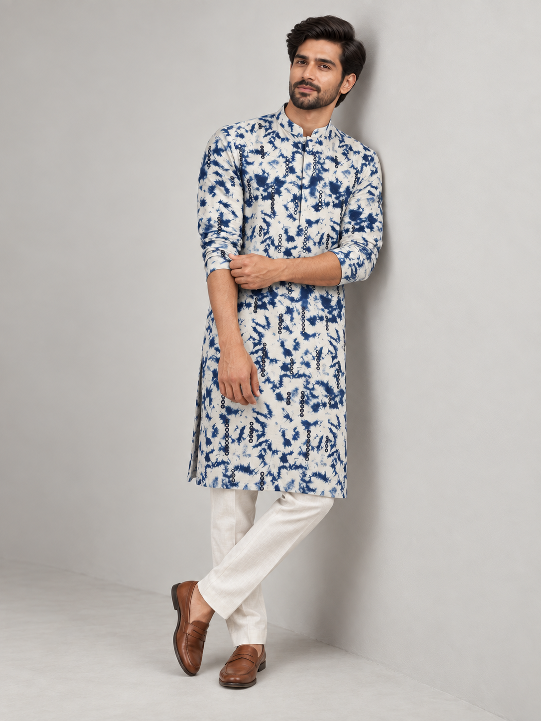 Indigo Splash Tie-Dye Mirror Work Kurta