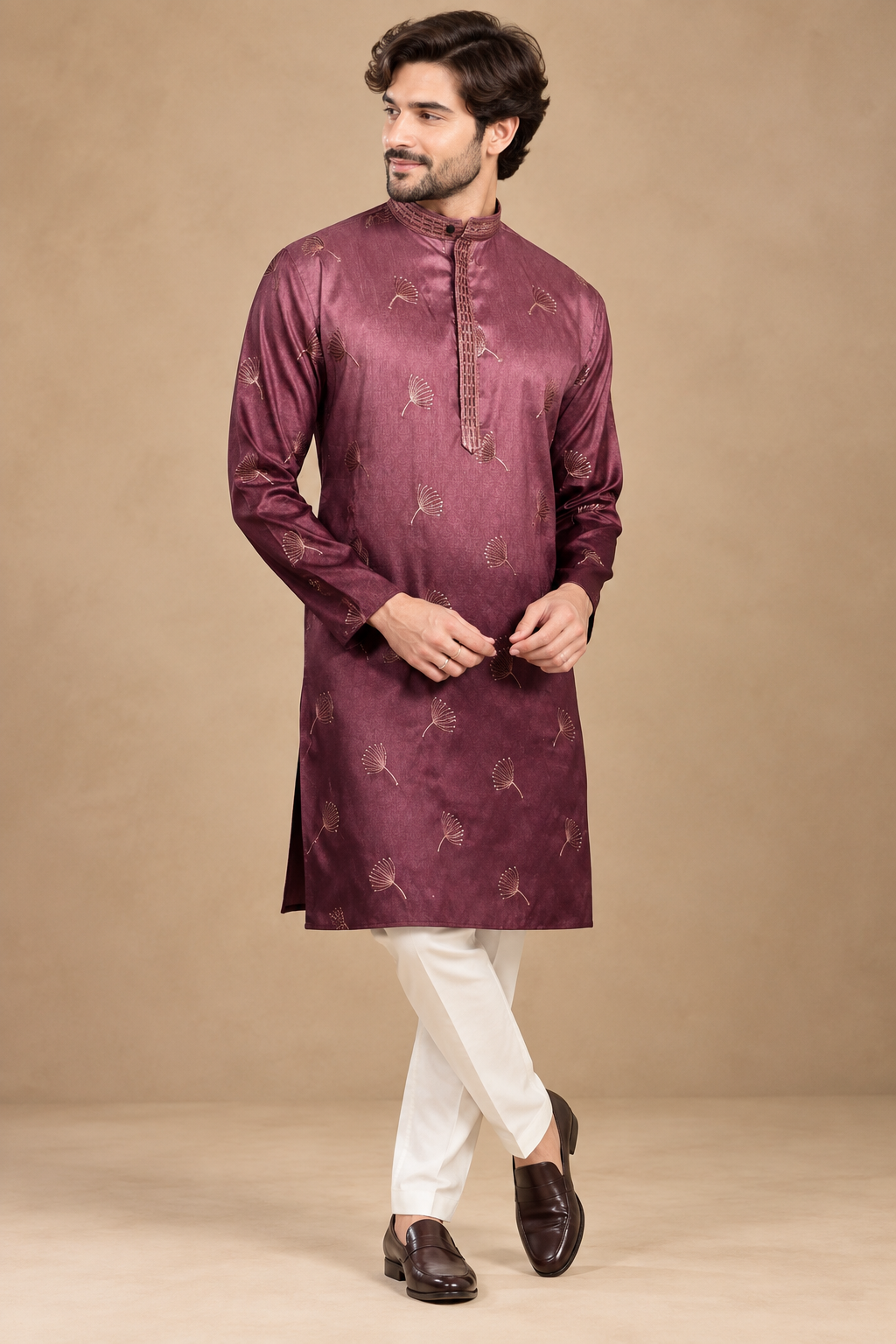 Royal Mulberry Embroidered Silk Kurta