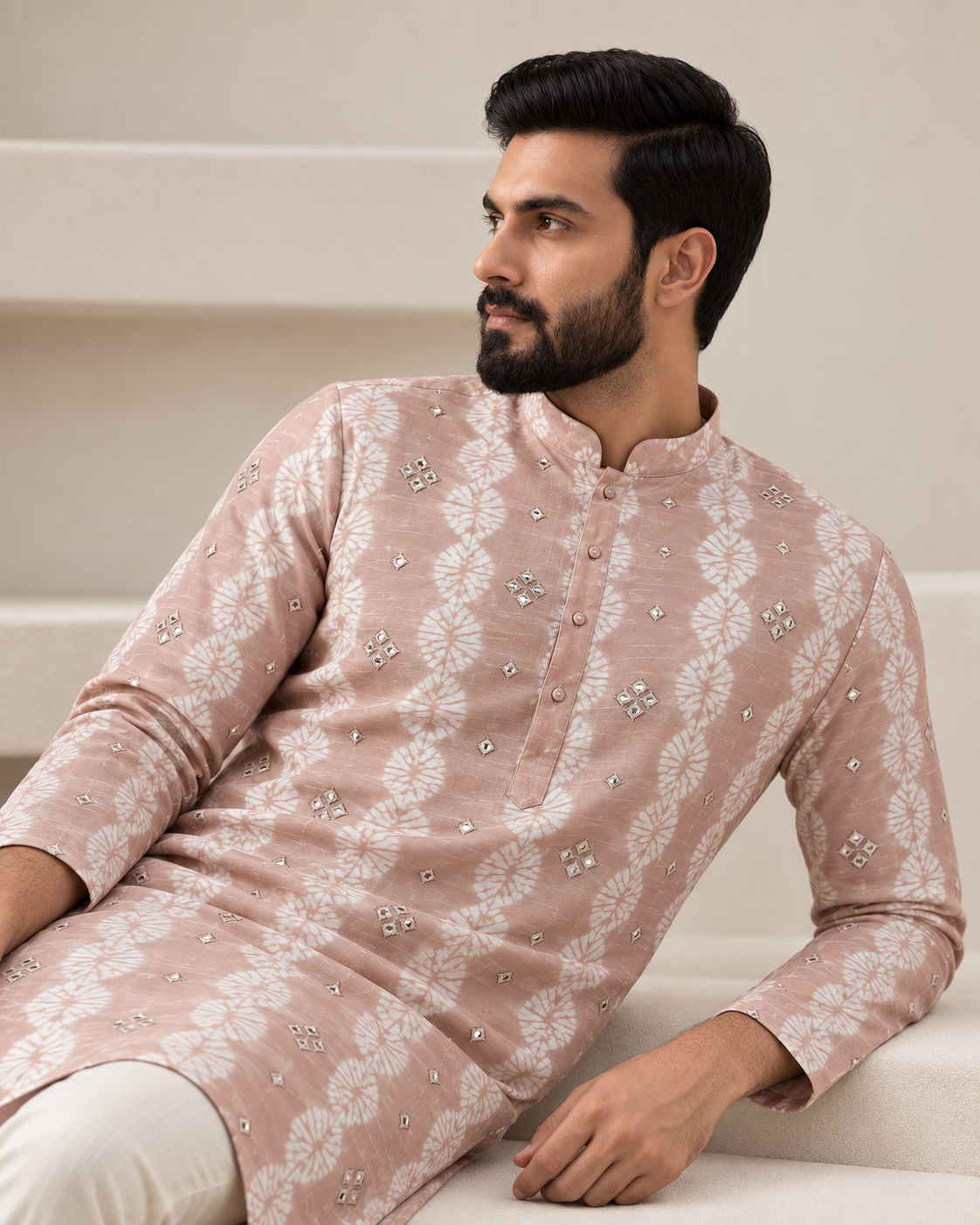 Dusty Rose Shibori Stripe Mirror Work Kurta