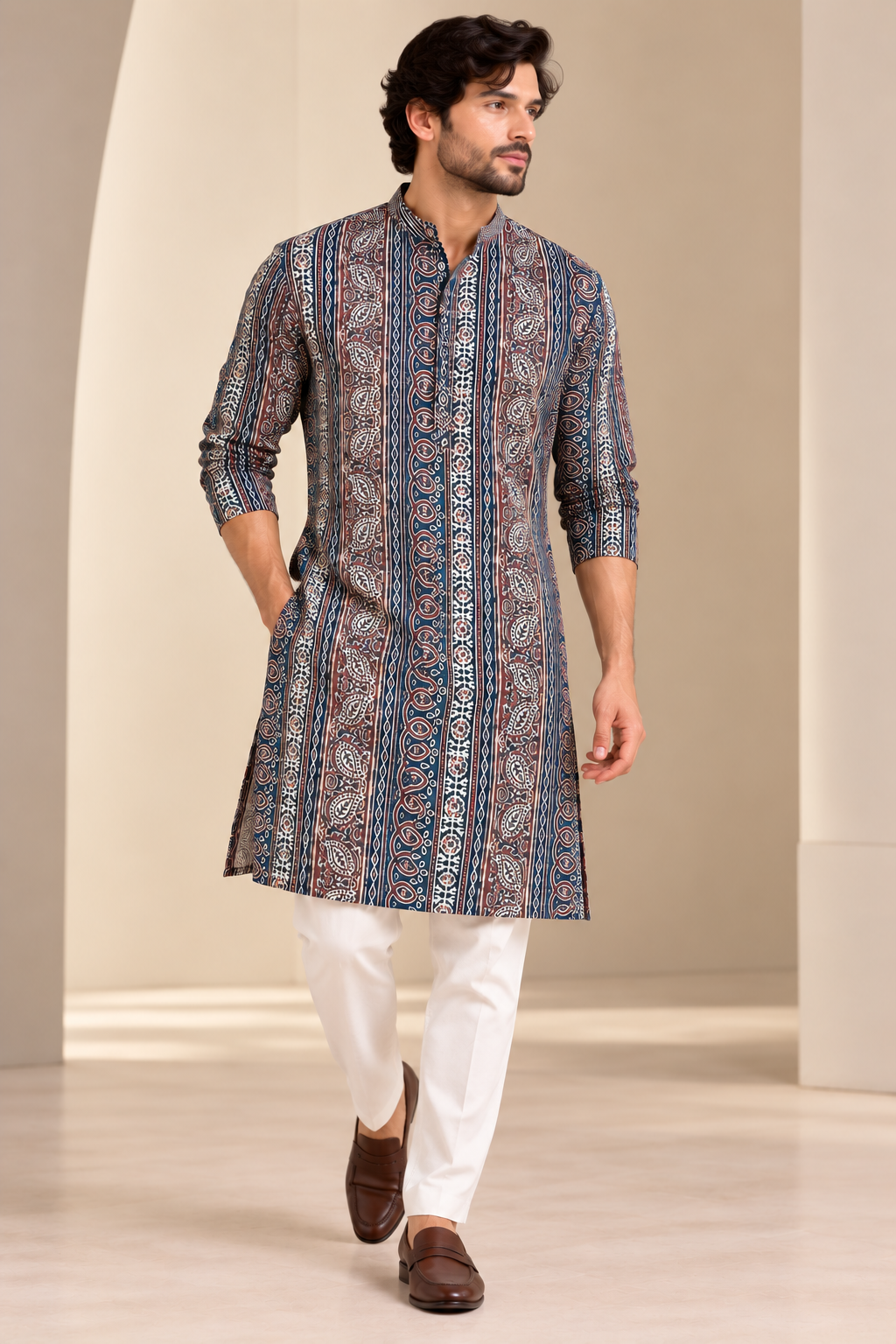Navy Blue & Maroon Ethnic Printed Cotton Kurta