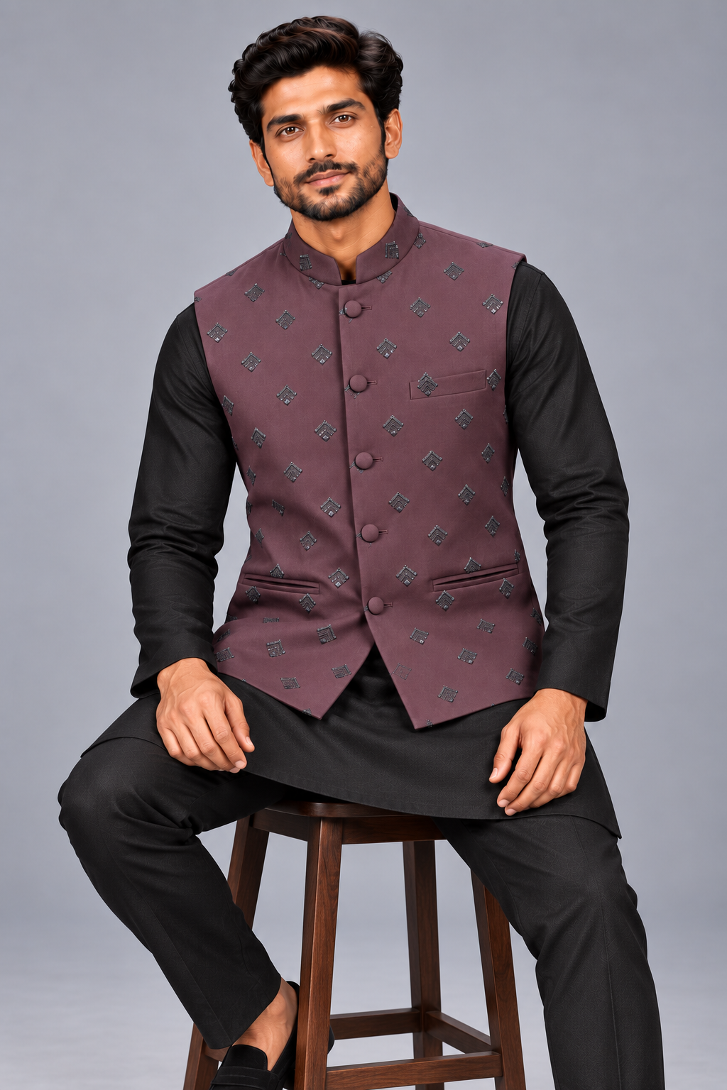 Royal Plum Chevron-Embroidered Bandi