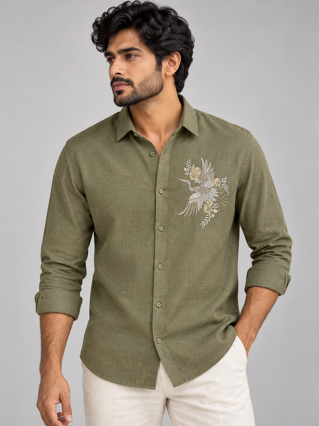 Origami Crane Fine Linen in Earthy Olive Shirt