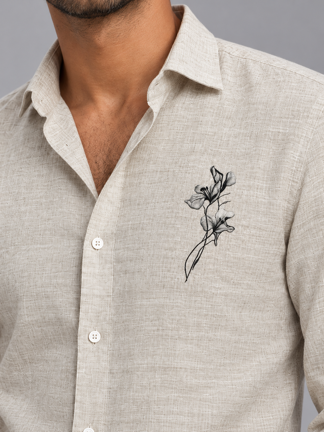 Oatmeal Pure Linen with Minimalist Floral Sketch Shirt