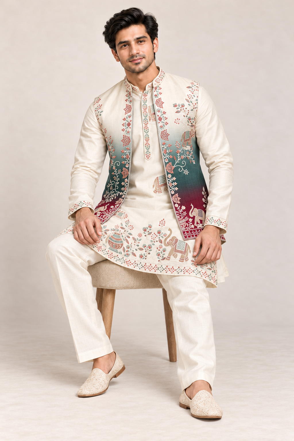 Heritage Elegance: Embroidered Ombré Kurta Bundi Set