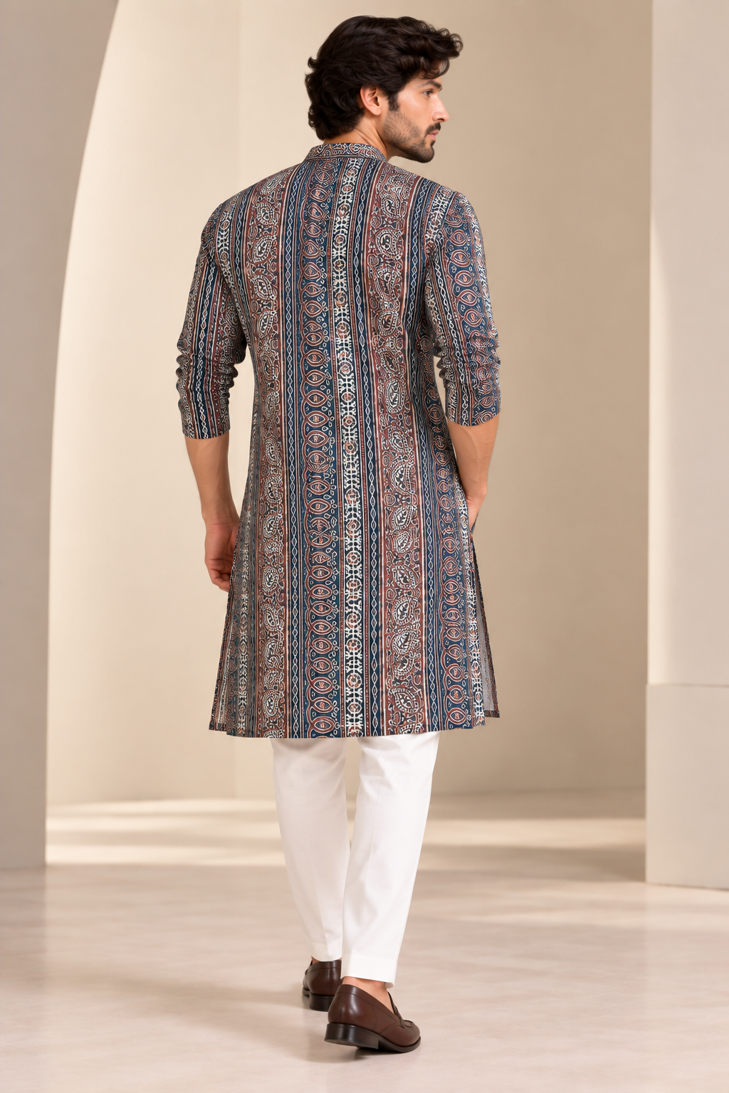 Navy Blue & Maroon Ethnic Printed Cotton Kurta