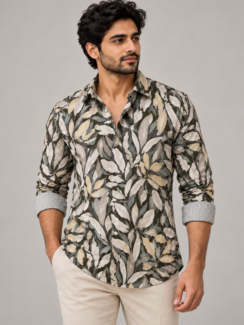 Olive & Ecru Foliage Painted Print Shirt