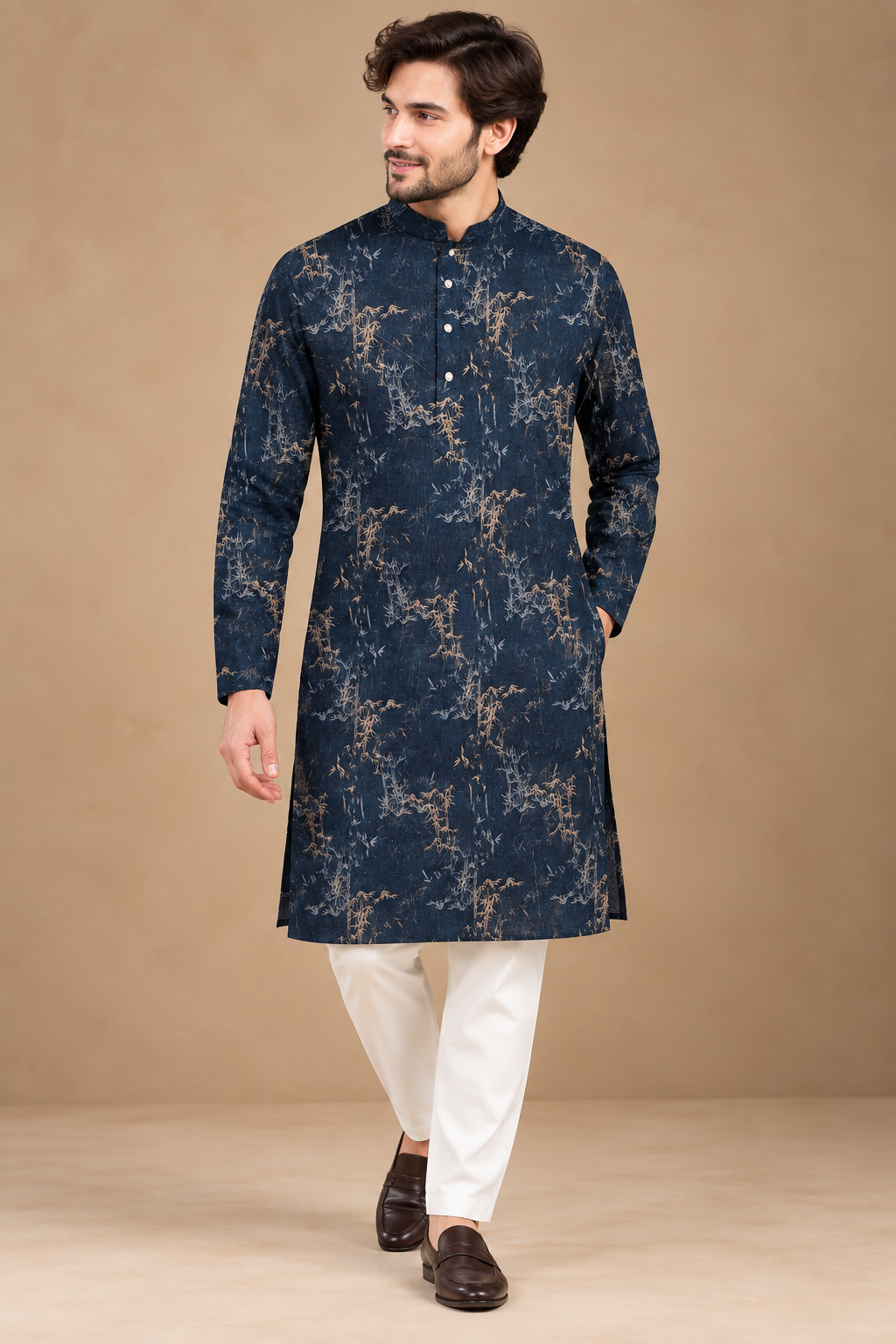 Deep Navy Bamboo Printed Kurta