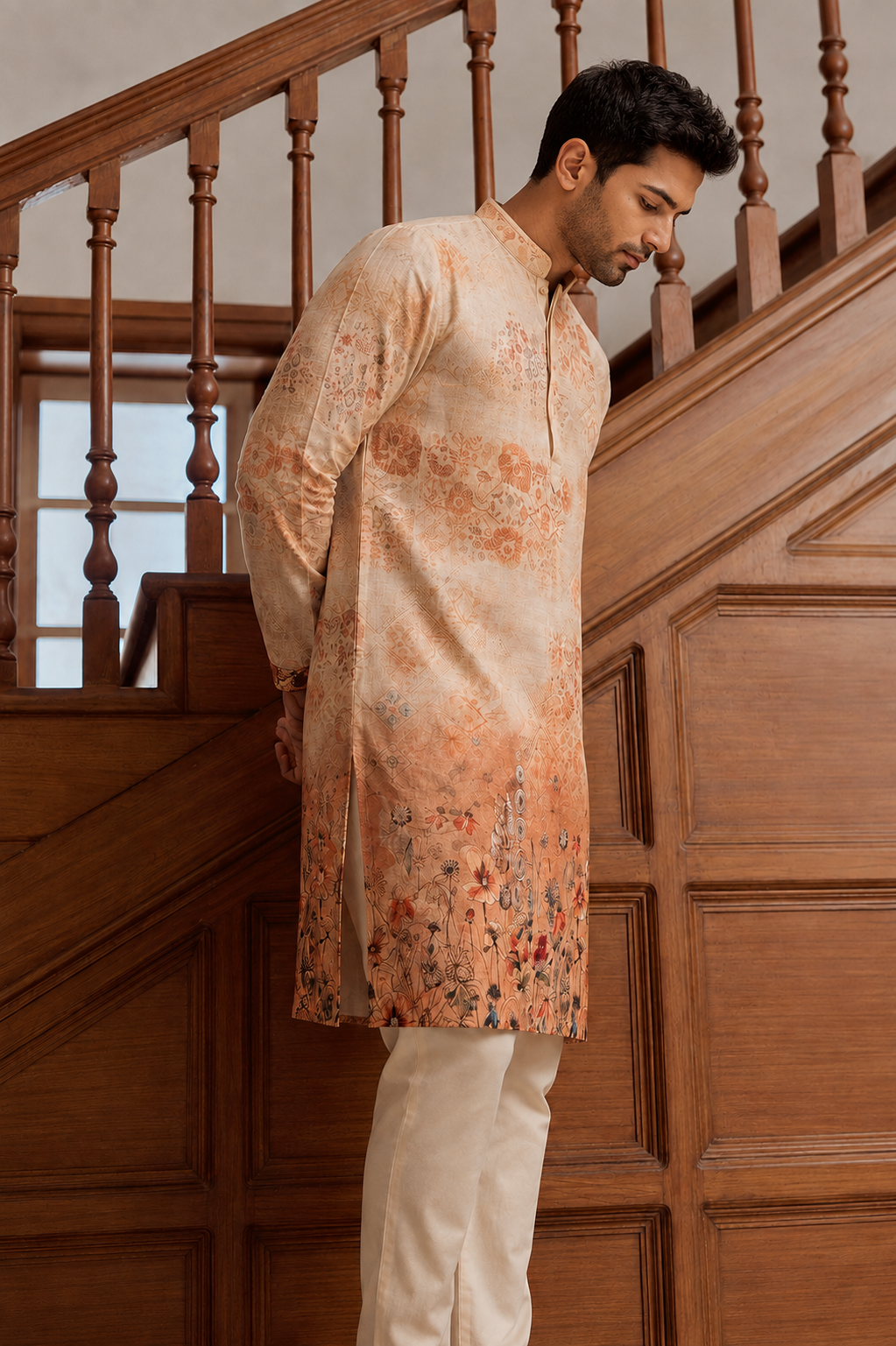 Rust Ombre Floral Digital Print Kurta
