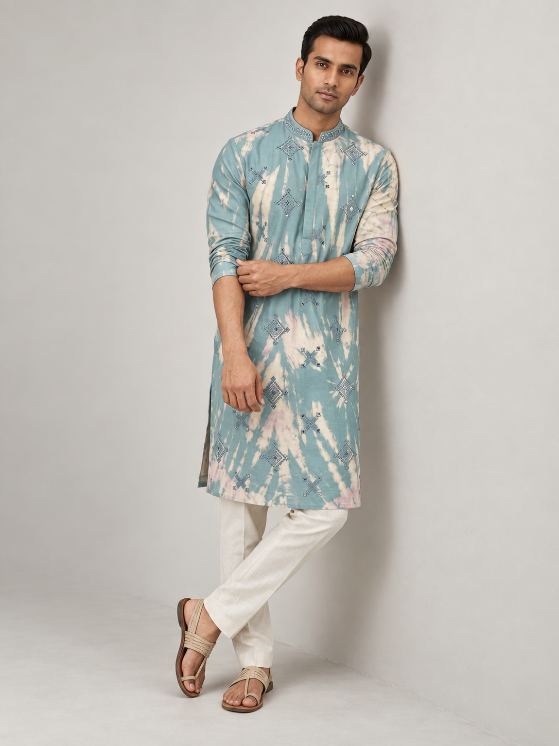 Ocean Mist Tie-Dye Geometric Mirror Kurta