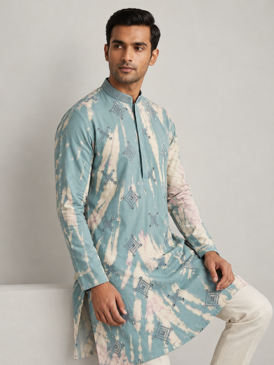 Ocean Mist Tie-Dye Geometric Mirror Kurta