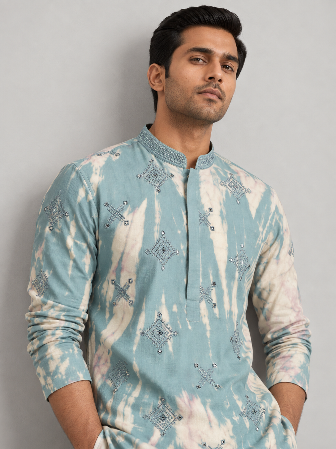 Ocean Mist Tie-Dye Geometric Mirror Kurta