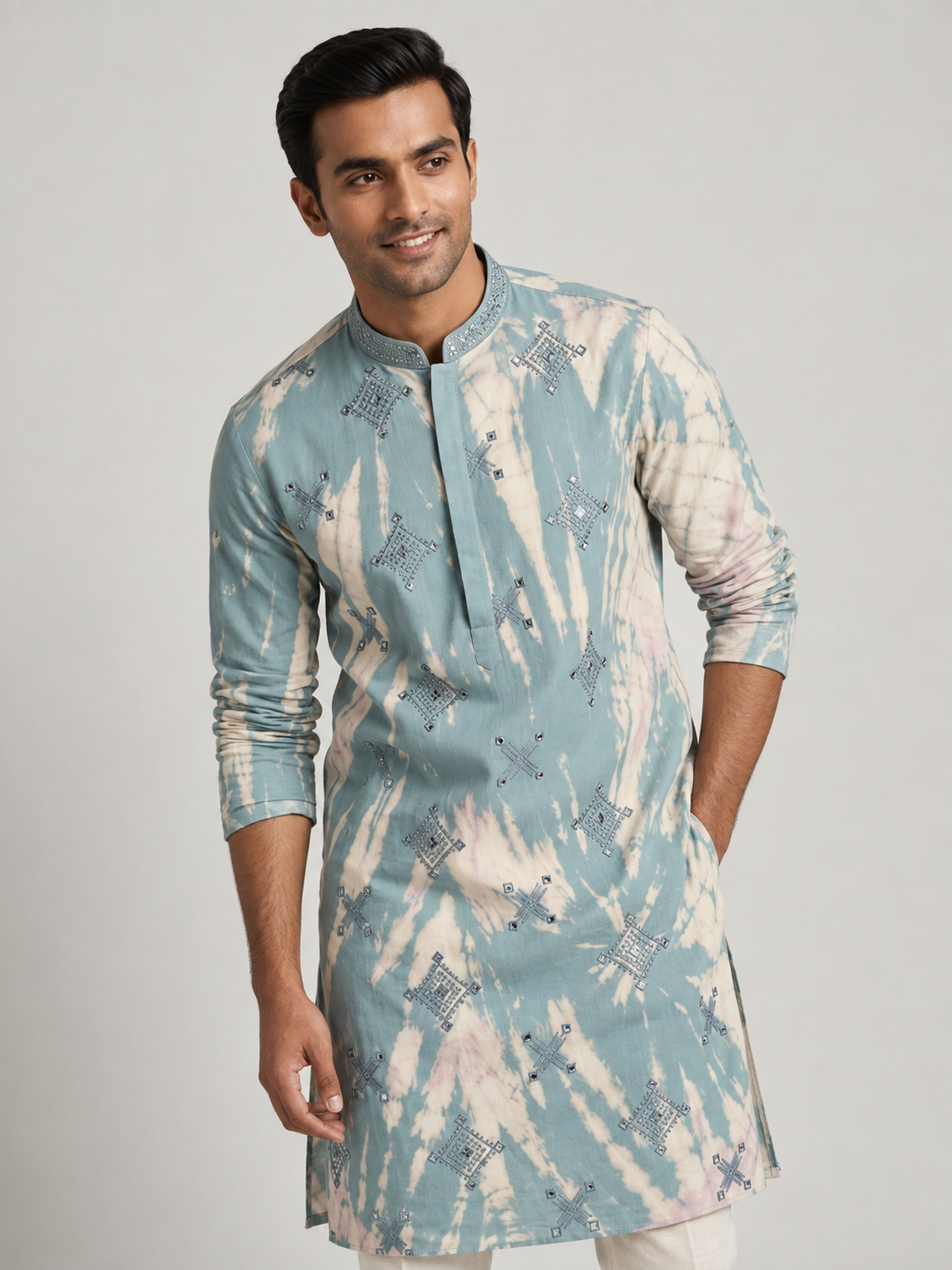 Ocean Mist Tie-Dye Geometric Mirror Kurta