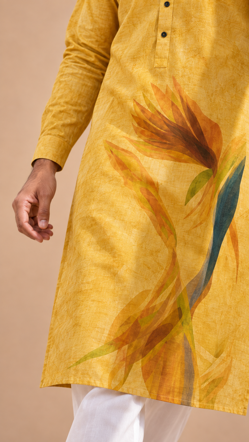Ochre Watercolor Print Linen Kurta