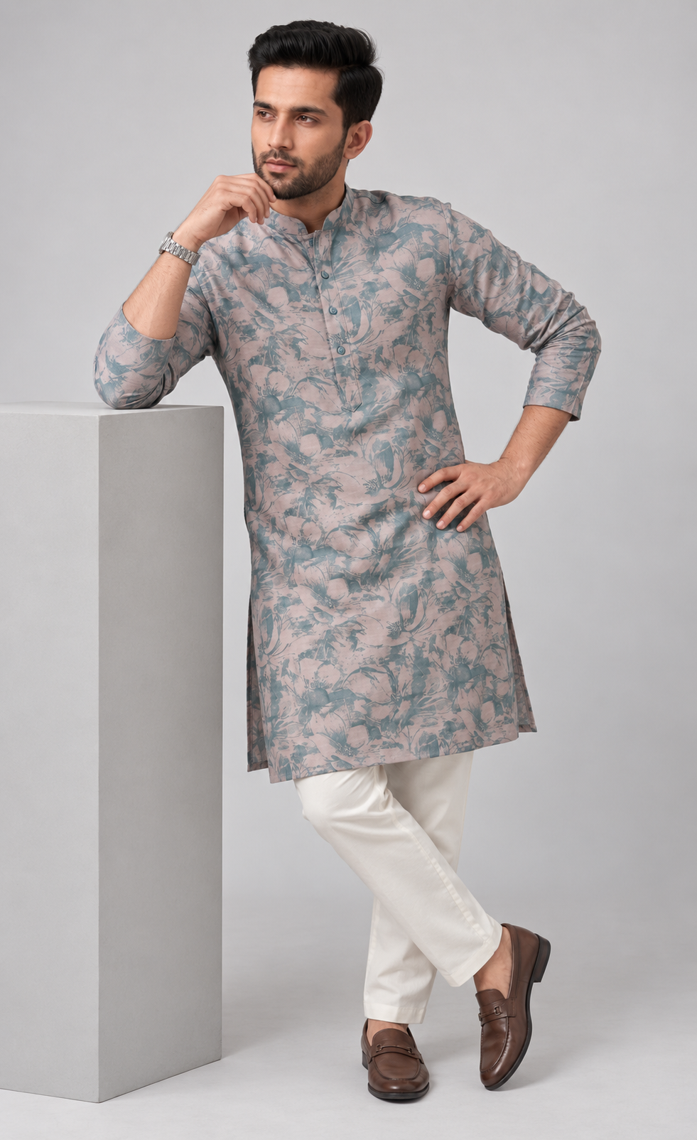 Dusty Rose & Slate Blue Floral Kurta