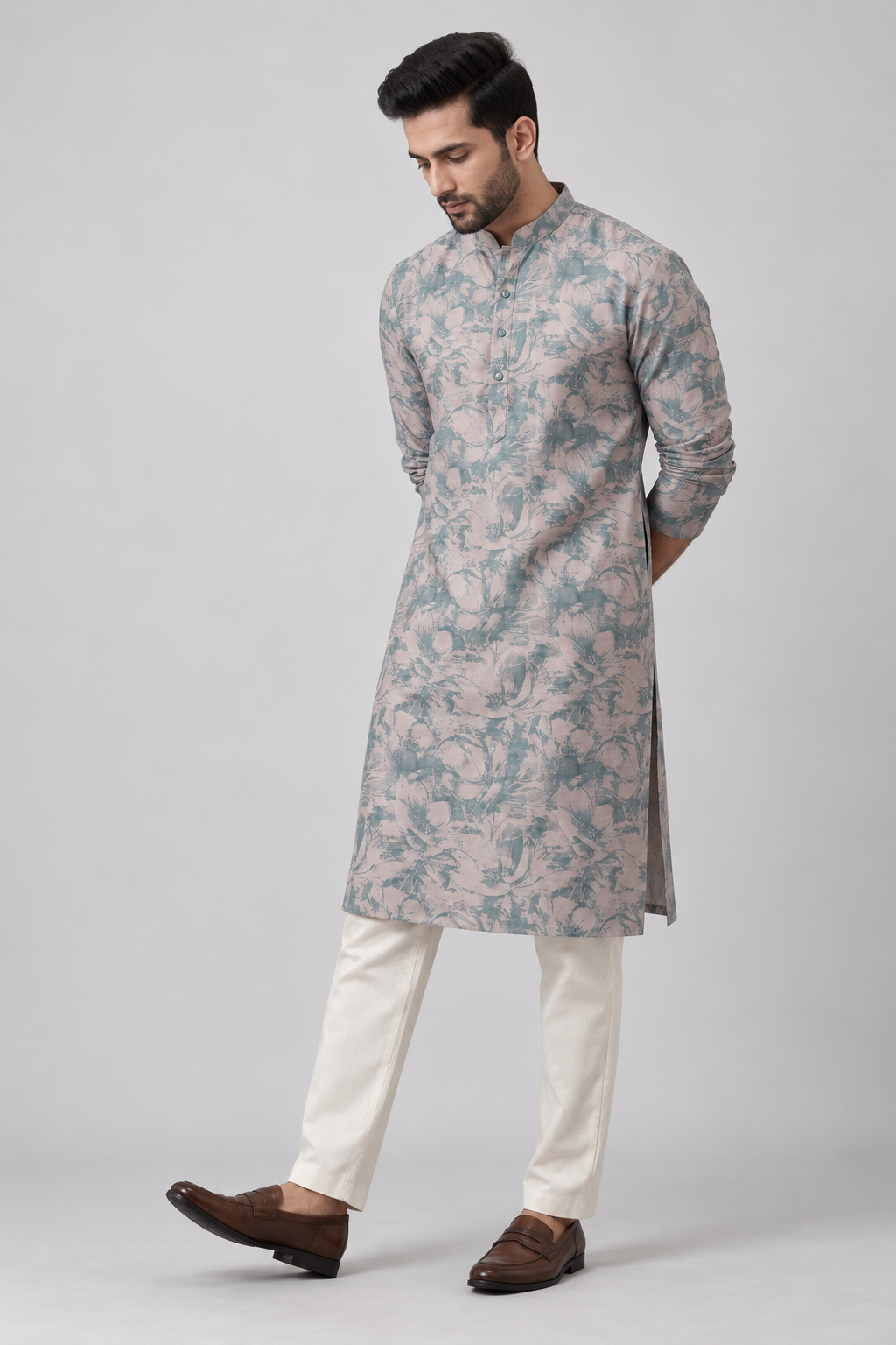 Dusty Rose & Slate Blue Floral Kurta