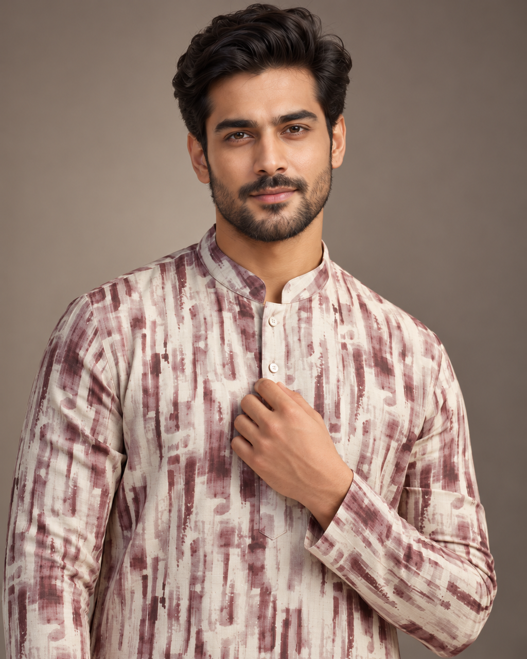 Cream and Burgundy Motif Kurta