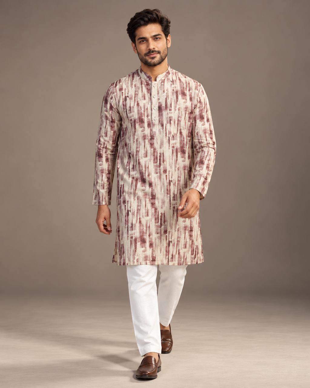 Cream and Burgundy Motif Kurta