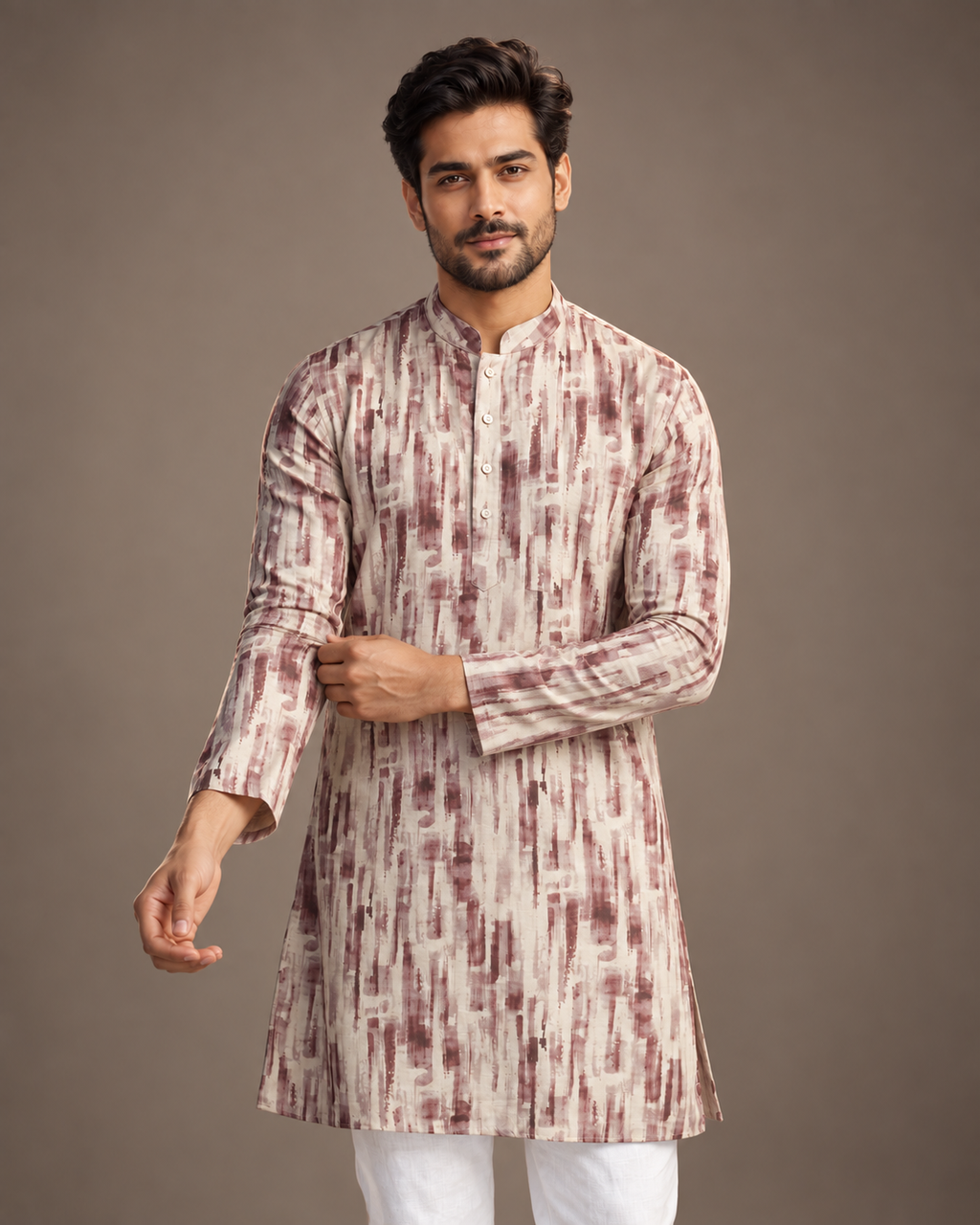 Cream and Burgundy Motif Kurta