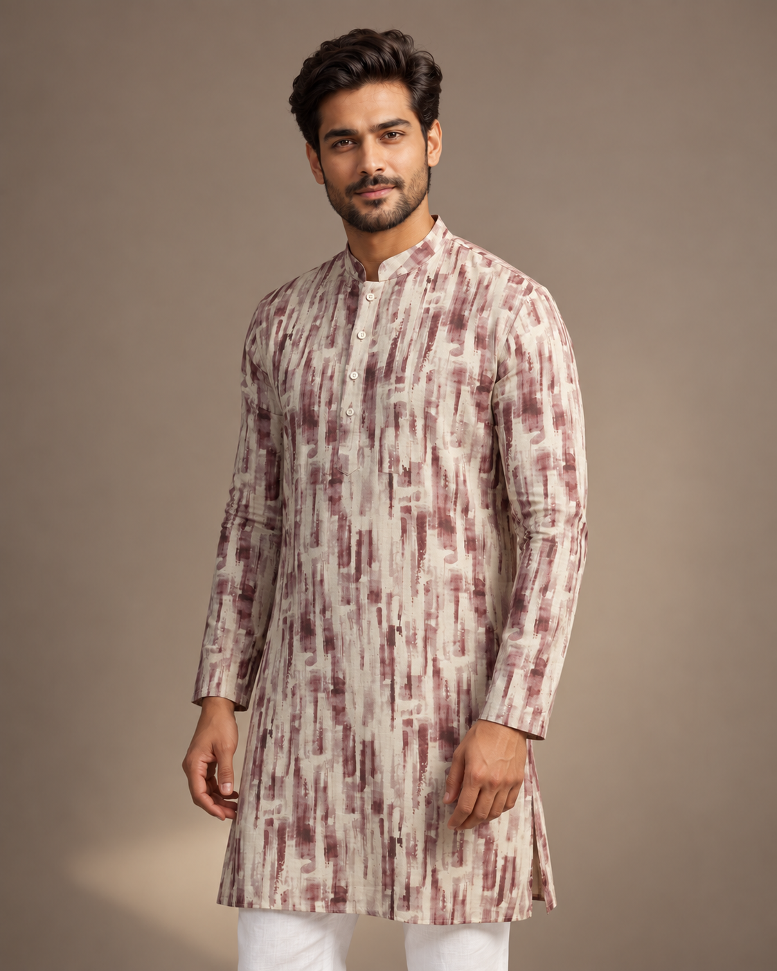 Cream and Burgundy Motif Kurta