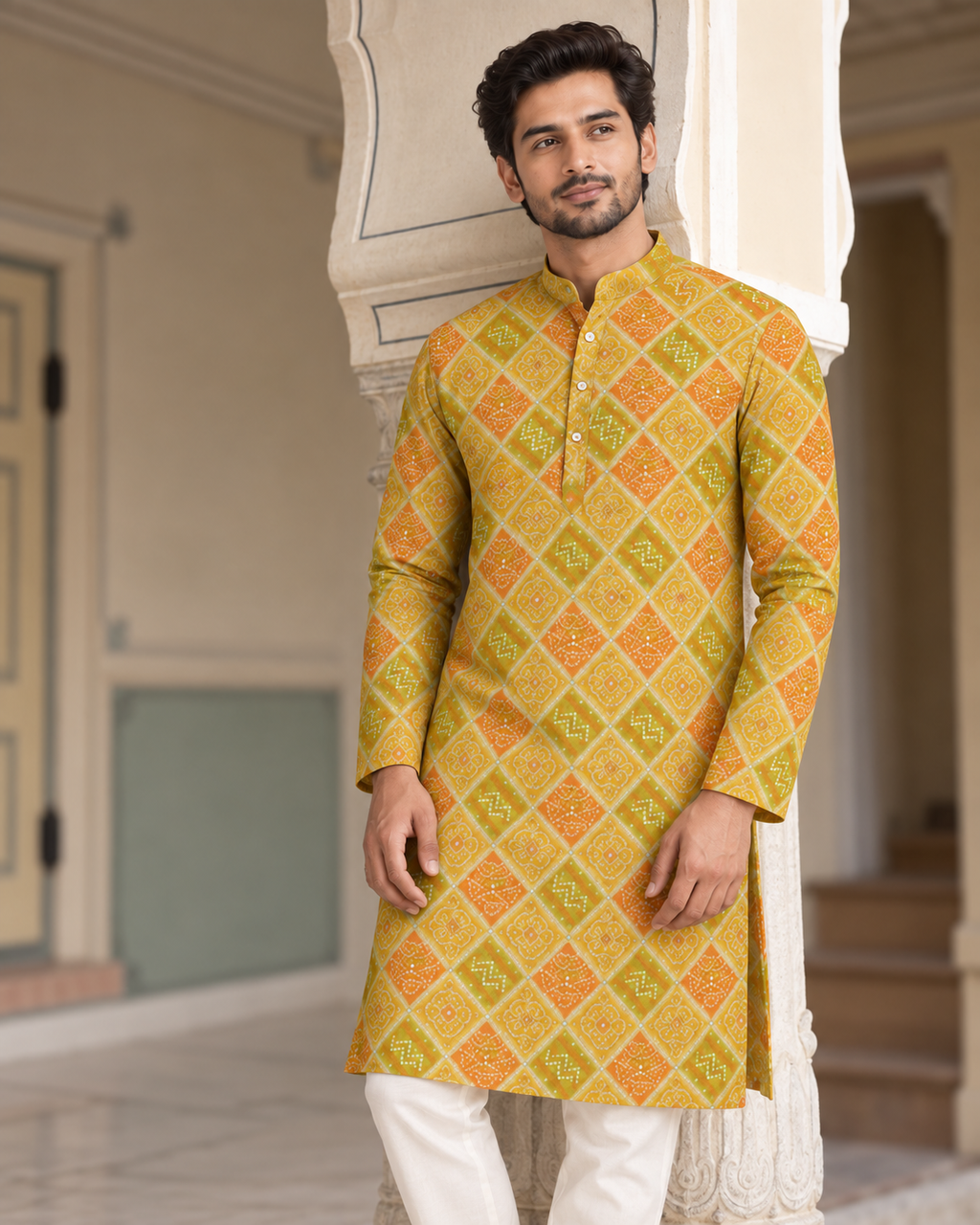 Mustard Bandhej Diamond Kurta