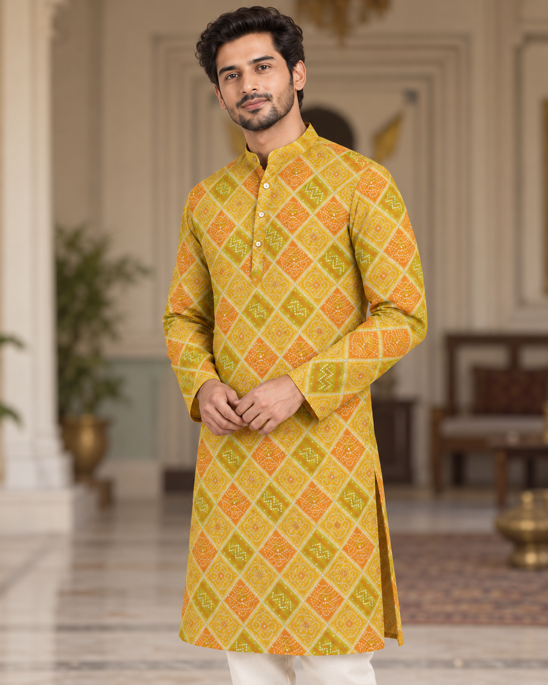 Mustard Bandhej Diamond Kurta