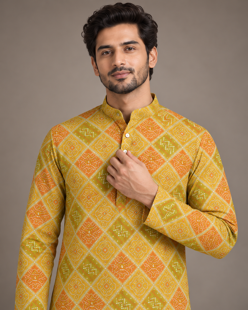 Mustard Bandhej Diamond Kurta
