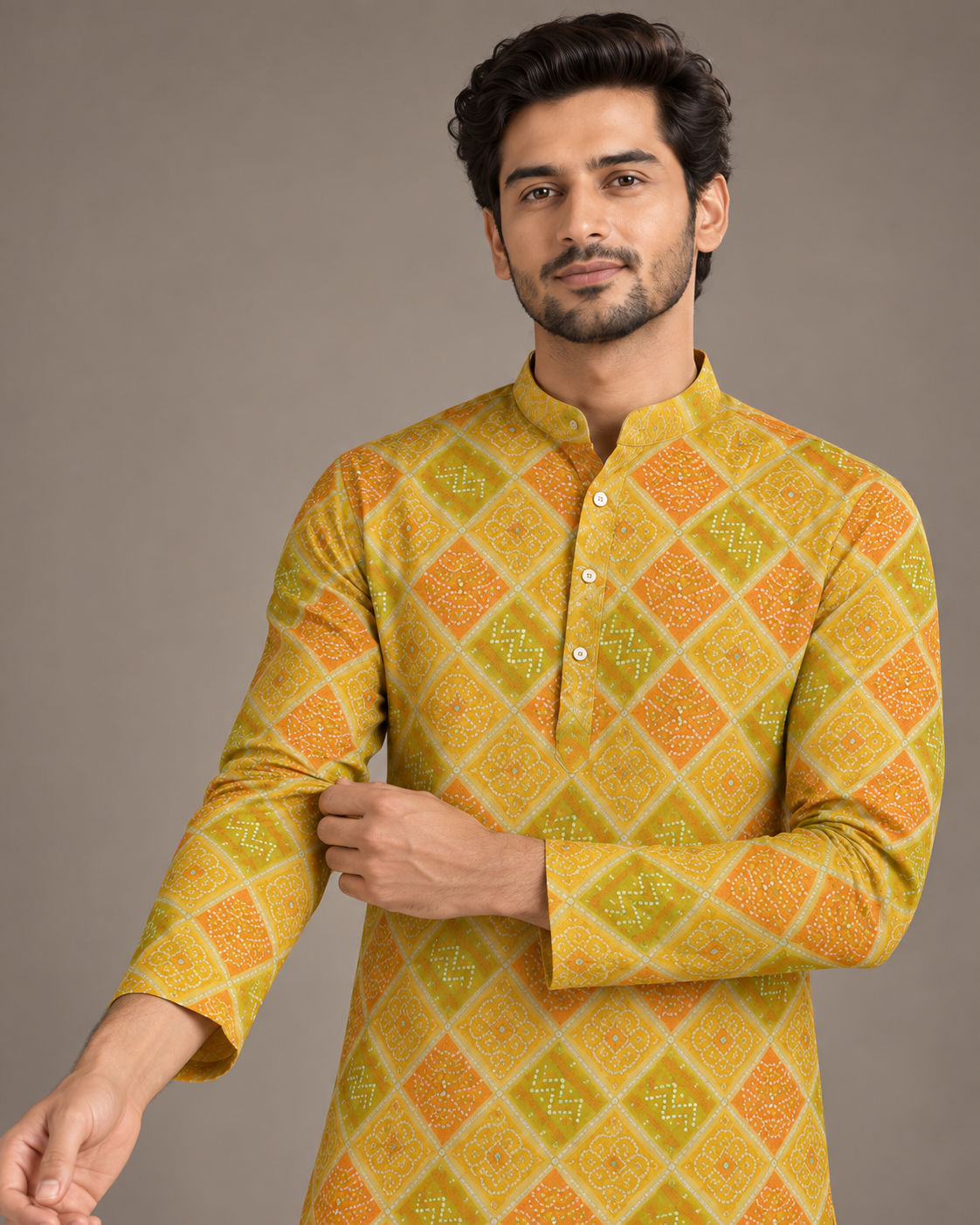 Mustard Bandhej Diamond Kurta