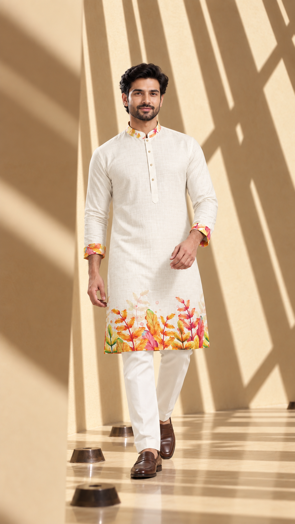 Vibrant Leaf Print Ivory Kurta