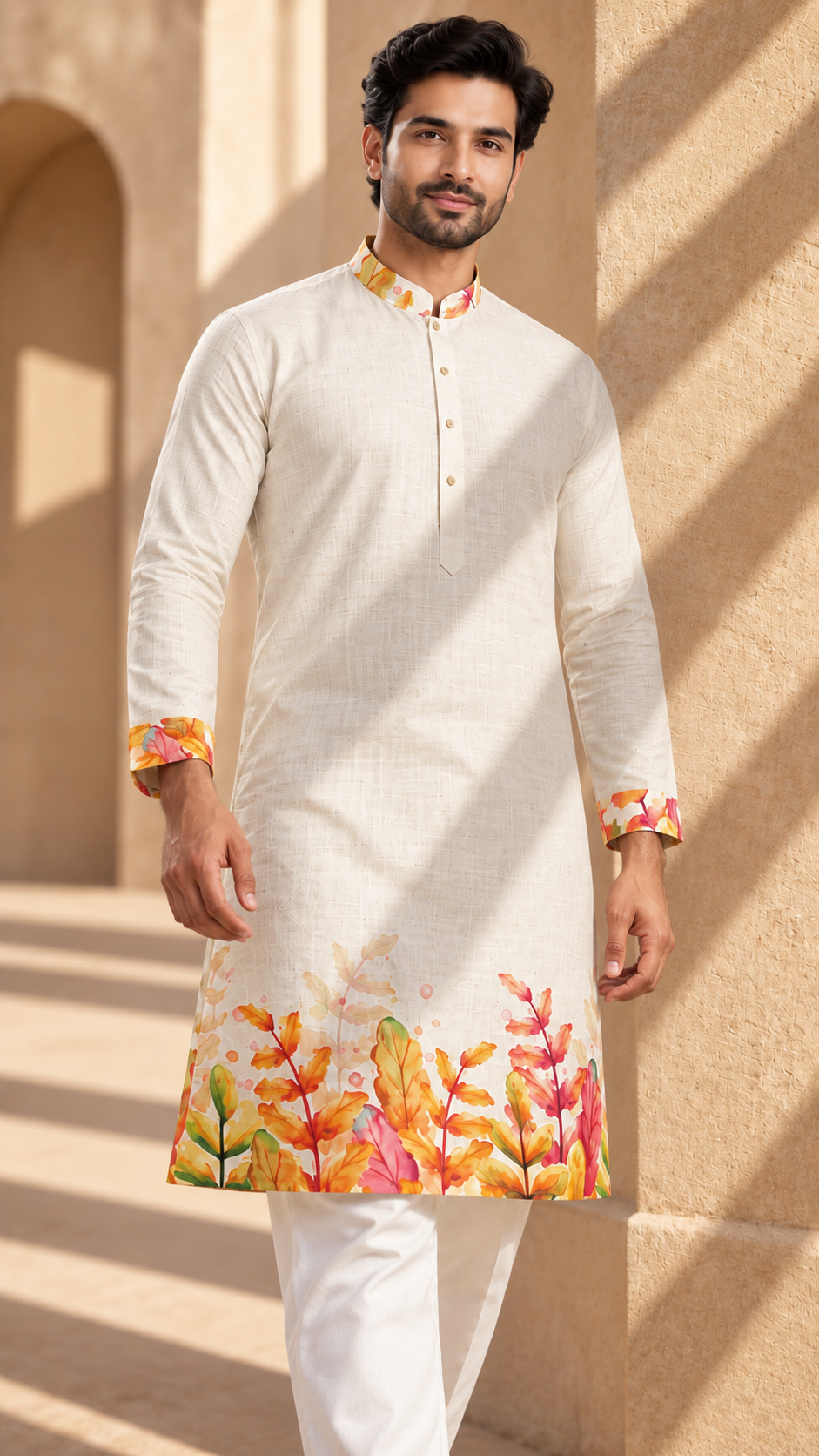 Vibrant Leaf Print Ivory Kurta