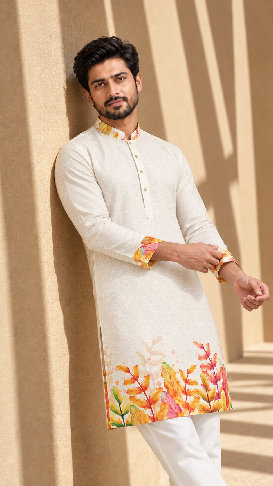 Vibrant Leaf Print Ivory Kurta