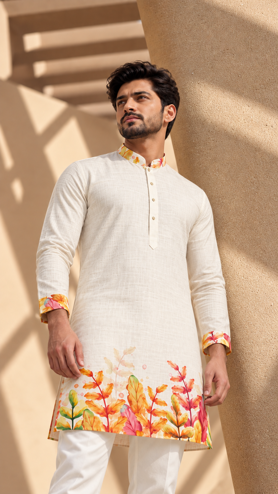 Vibrant Leaf Print Ivory Kurta