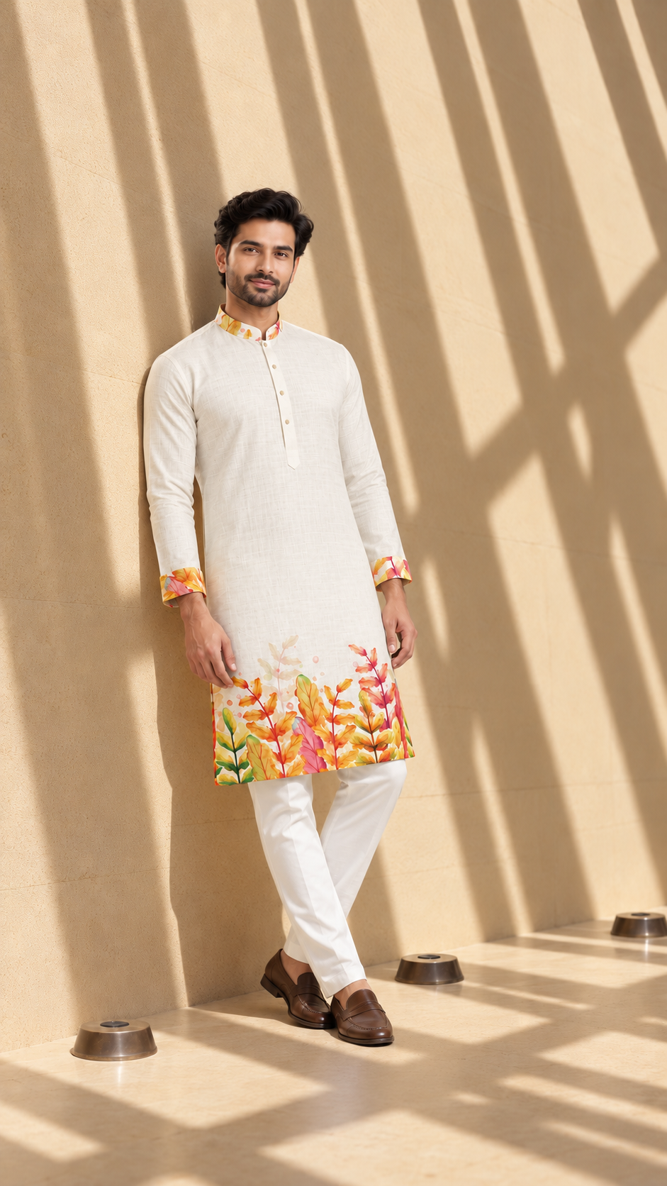 Vibrant Leaf Print Ivory Kurta