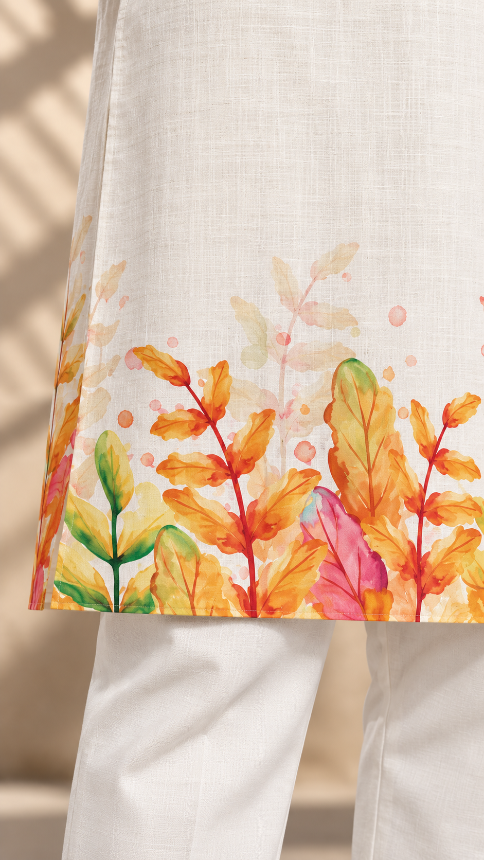 Vibrant Leaf Print Ivory Kurta