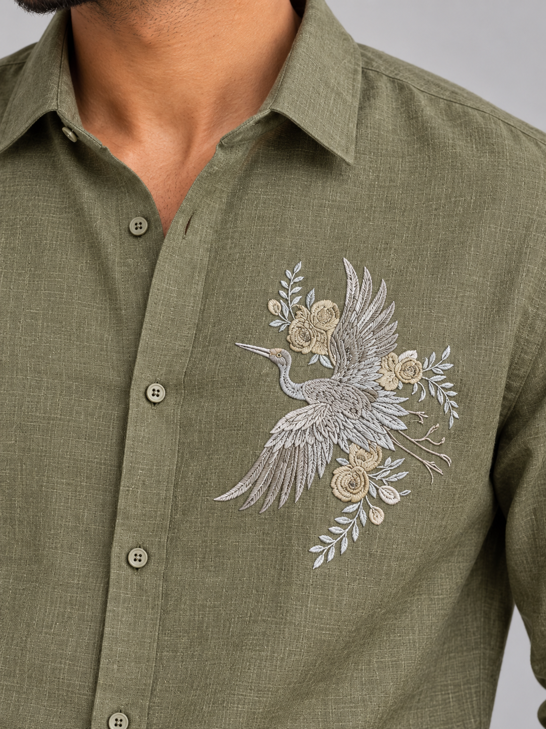 Origami Crane Fine Linen in Earthy Olive Shirt