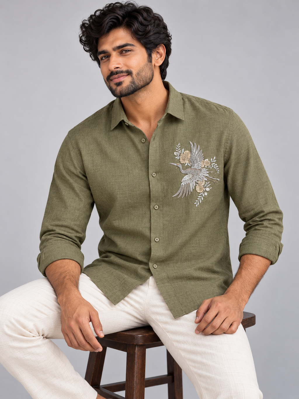 Origami Crane Fine Linen in Earthy Olive Shirt