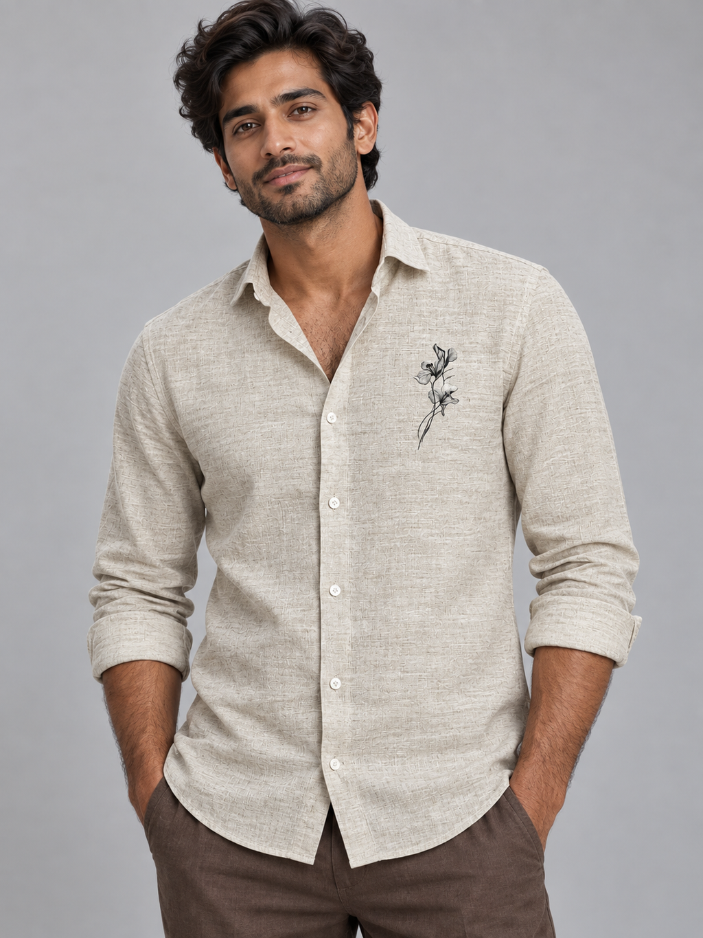 Oatmeal Pure Linen with Minimalist Floral Sketch Shirt