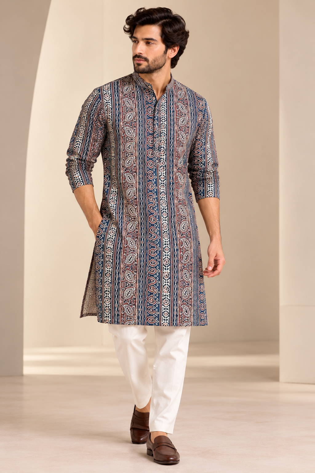 Navy Blue & Maroon Ethnic Printed Cotton Kurta