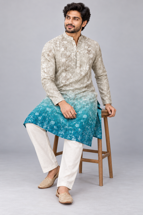 Ash Grey & Ocean Blue Dip-Dyed Effect Kurta
